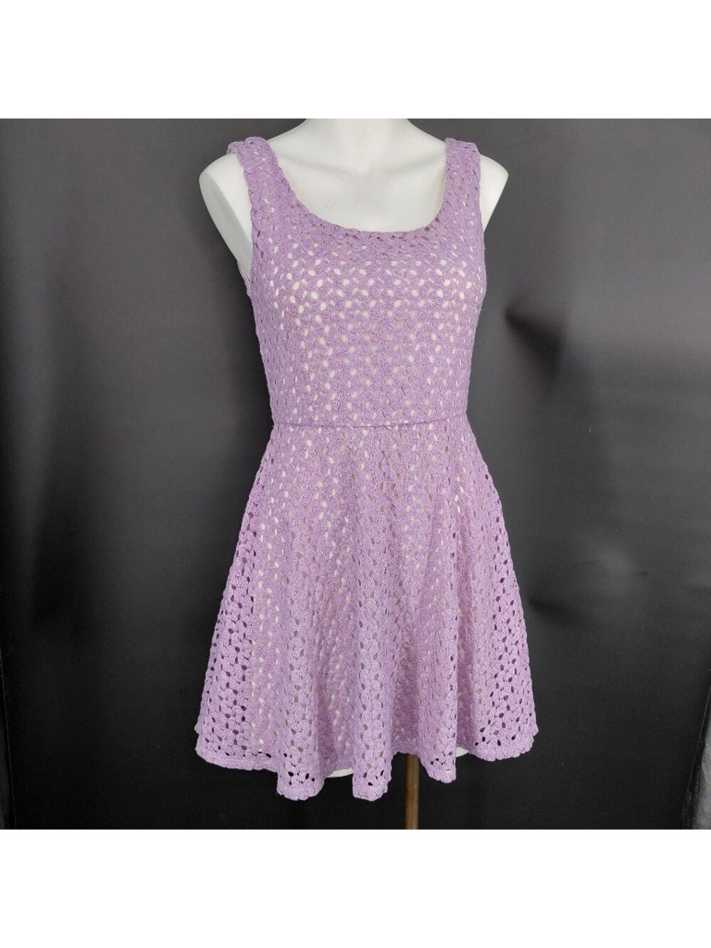 Skater Midi Dress Juniors XS Purple Crochet Knit Flare Sleeveless Lined Party